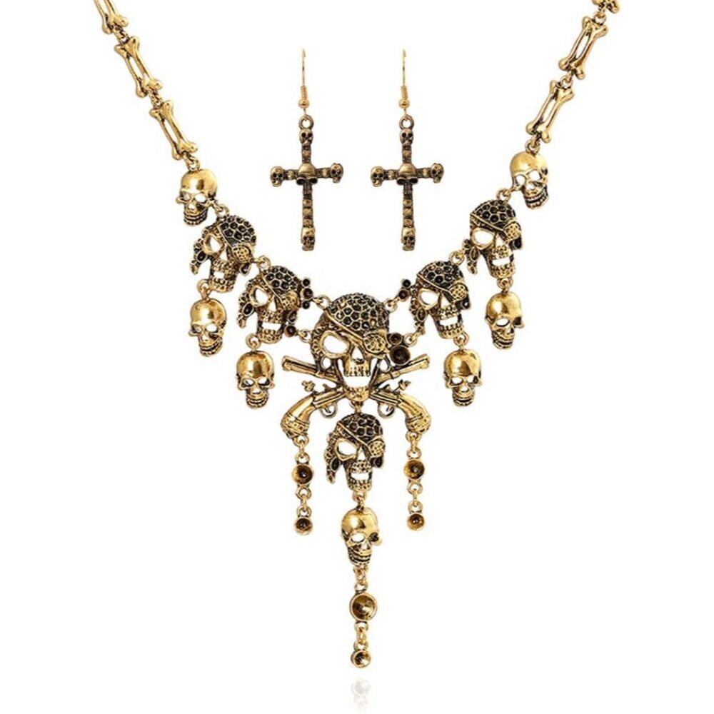 Jewelry Metal Gold Skull Necklace Earrings Set Women Halloween Party Gift